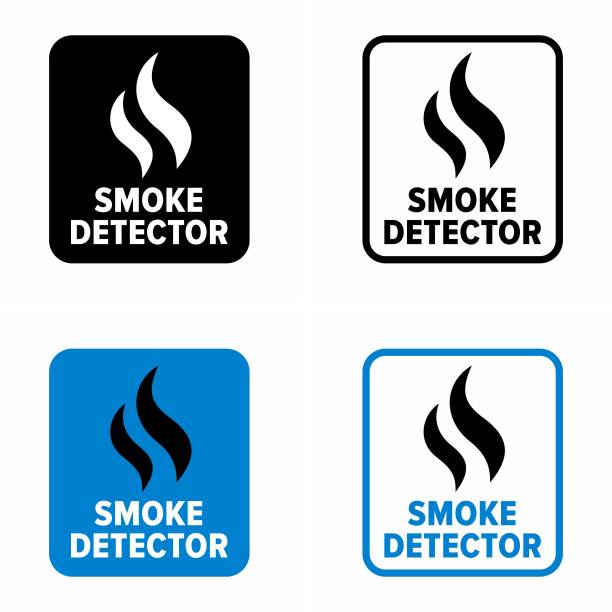 ilustrações, clipart, desenhos animados e ícones de alarme de incêndio "detector de fumaça" aconselhando sinal de informação do dispositivo - smoke detector fire alarm sensor smoke