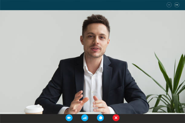 Headshot of male employee have online interview on laptop Headshot portrait screen application view of male employee have online interview using Web conference on computer, young businessman speak talk on video call on laptop with partner from home webcam view man stock pictures, royalty-free photos & images