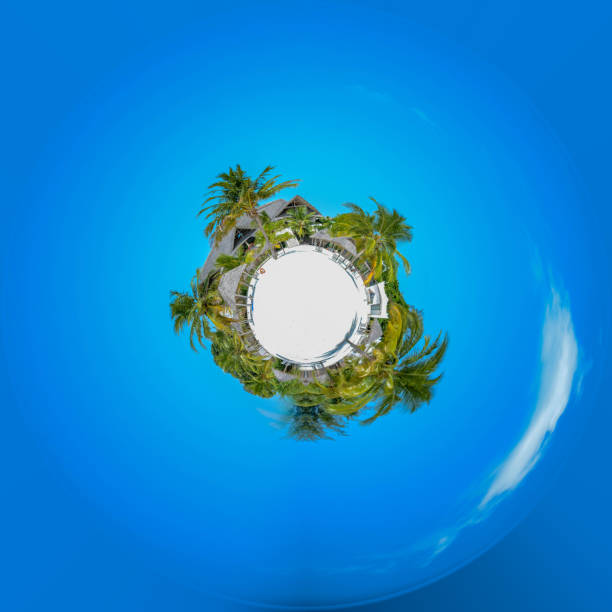 istock 360 planet view, exotic beach with palms and straw umbrellas 1219330977