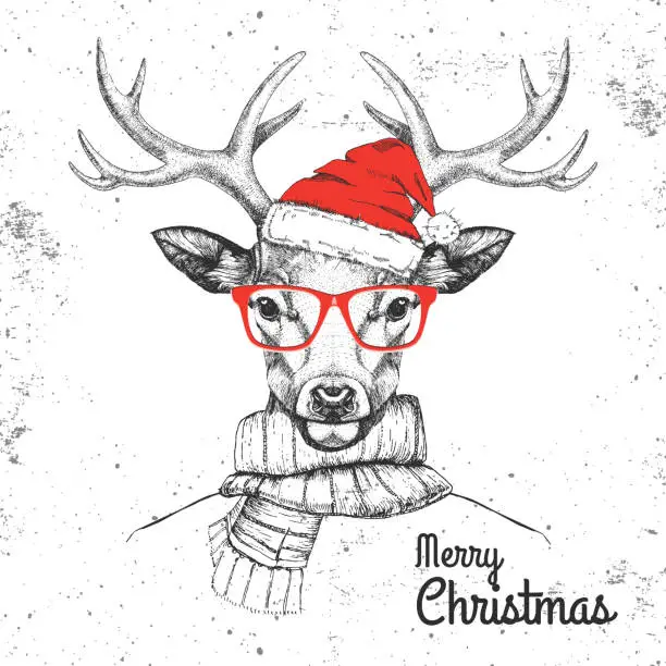 Vector illustration of Christmas Hipster fashion animal deer dressed in New Year hat and scarf