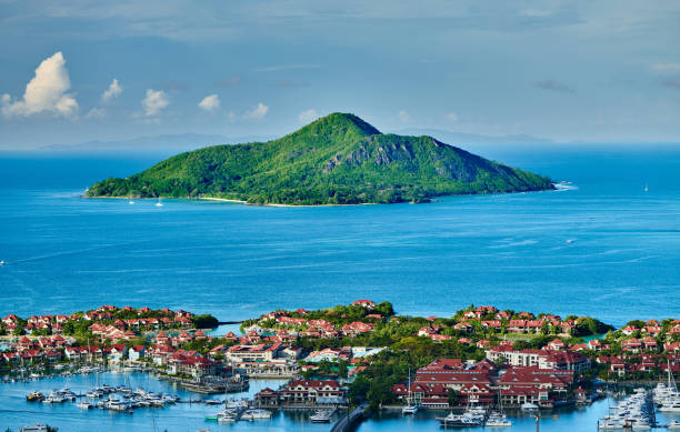 Overlook of Eden Island, Seychelles, Mahe island Overlook of Eden Island and Saint-Anne Marine National Park in Victoria, Seychelles, Mahe island. mahe island stock pictures, royalty-free photos & images