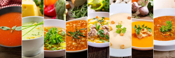 collage of various types plates of soup