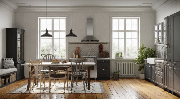 Spacious dining room design next to the modern kitchen 3D rendering of a spacious dining room design next to the modern kitchen. Computer generated image of a simple kitchen design with wooden flooring. wide window stock pictures, royalty-free photos & images