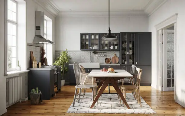 Digitally generated image of a dining room area design with wooden table and chairs. Small kitchen with dining area in 3D rendering.