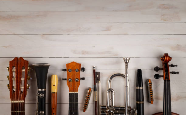 instruments in white wooden background - violin family imagens e fotografias de stock