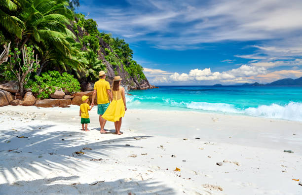 istock Family with three year old boy on beach. Seychelles, Mahe. 1219336828
