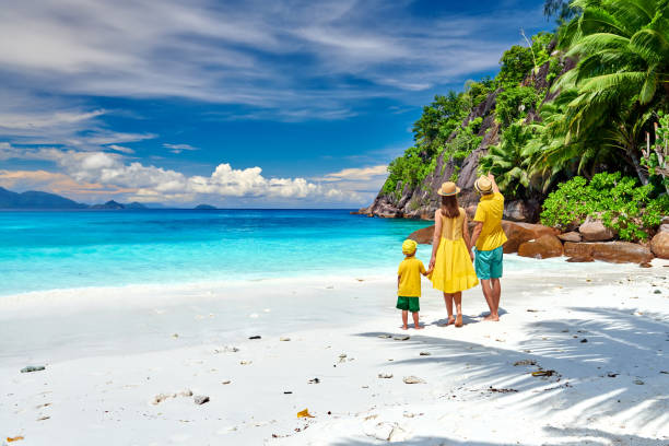 istock Family with three year old boy on beach. Seychelles, Mahe. 1219336844