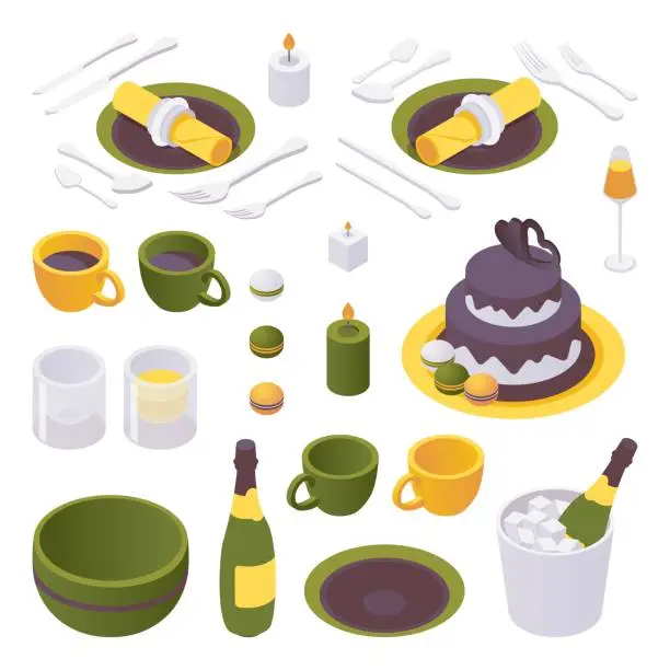 Vector illustration of Isometric set of items for a birthday celebration table. Crockery and tableware isolated on white background.