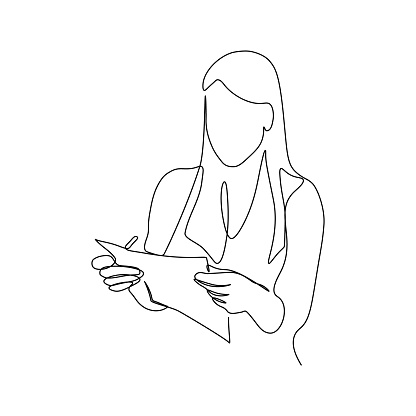 Woman with paper document in hands in continuous line art drawing style. Businesswoman minimalist black linear sketch isolated on white background. Vector illustration
