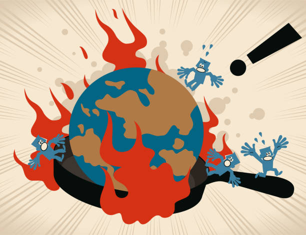 illustrations, cliparts, dessins animés et icônes de terre (globe du monde) dans une poêle (poêle) avec des flammes, les gens s’échappent et criant - cooking fail