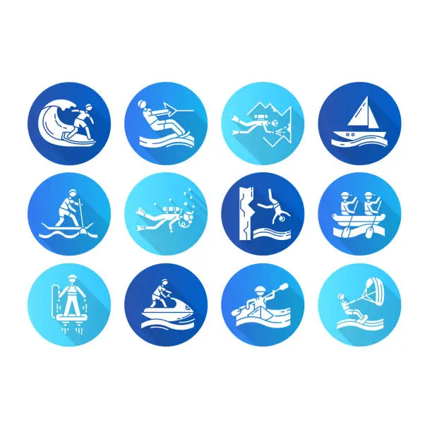 Vector illustration of Watersports flat design long shadow glyph icons set. Cave diving, kiteboarding, flyboarding and jet skiing. Cliff jumping and paddle surfing. Extreme kinds of sport. Vector silhouette illustration