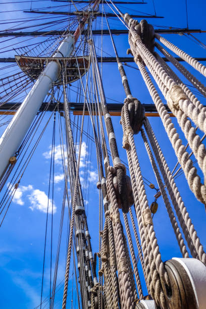 istock Old ship mast and sail ropes closeup 1219342858