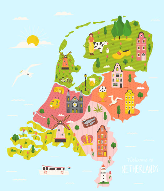ilustraciones, imágenes clip art, dibujos animados e iconos de stock de mapa ilustrado de los países bajos con símbolos famosos - netherlands