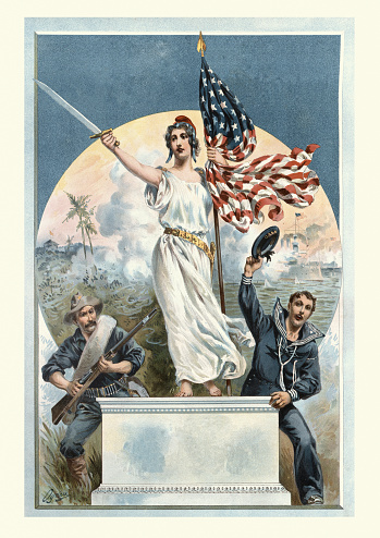 Vintage engraving of Lady Liberty victorious during the Spanish American War of 1898. Holding the stars and stripes flanked by an American soldier (Rough Riders) and navy sailor
