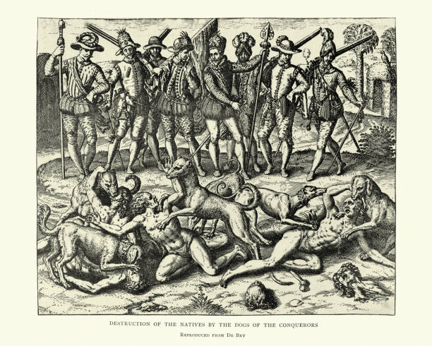 ilustraciones, imágenes clip art, dibujos animados e iconos de stock de conquistadores españoles masacran a aztecas nativos con perros - genocide