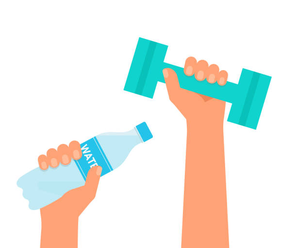 Hands hold dumbbell and bottle water. Time for sports during quarantine and isolation of house. Sport, healthy lifestyle, activity, gym, workout, recreation concept. Vector illustration in flat design Hands hold dumbbell and bottle water. Time for sports during quarantine and isolation of house. Sport, healthy lifestyle, activity, gym, workout, recreation concept. Vector illustration cartoon of the older people exercising gym stock illustrations