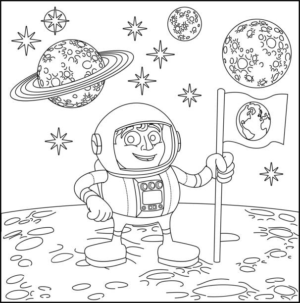 Space Cartoon Scene Astronaut On Moon Stock Illustration - Download Image  Now - Coloring, Outer Space, Child - iStock