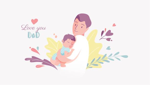 ilustrações de stock, clip art, desenhos animados e ícones de vector illustration of father holding baby son in arms. - love fathers fathers day baby