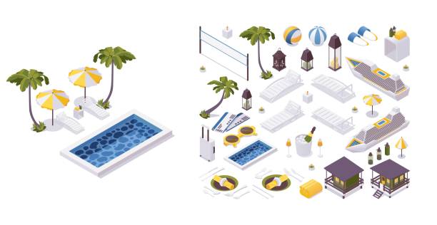 istock Isometric 3d objects collection good for vacation trip and travelling. Sunbed, pool, palms and more. 1219347817