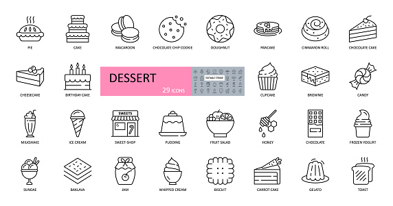 Vector set of dessert icons. Editable Stroke. Includes popular sweet dishes, pie, cake, cookies, ice cream, pancakes, candy, milkshake, pudding, fruit salad, chocolate yogurt biscuit chocolate jam