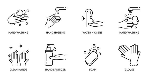 ilustrações de stock, clip art, desenhos animados e ícones de hygiene hand washing. vector set of dessert icons. editable stroke. wash hands with soap and water, antiseptic, gloves. - washing hands illustrations