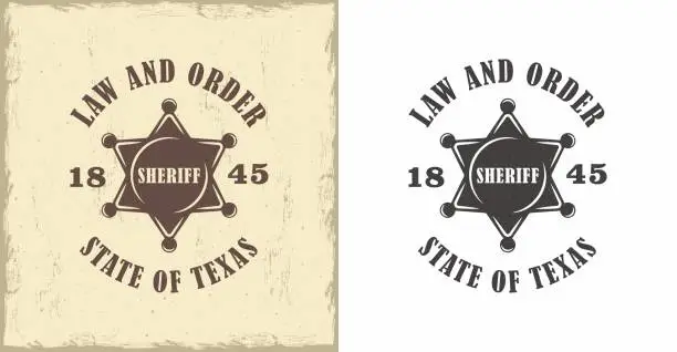 Vector illustration of Set of illustrations sheriff star, text, white background, background with grunge texture.