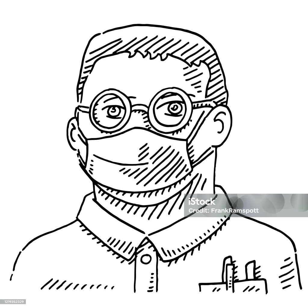 Man Portrait With Face Mask Drawing Hand-drawn vector drawing of a Man Portrait With Face Mask. Black-and-White sketch on a transparent background (.eps-file). Included files are EPS (v10) and Hi-Res JPG. Men stock illustration