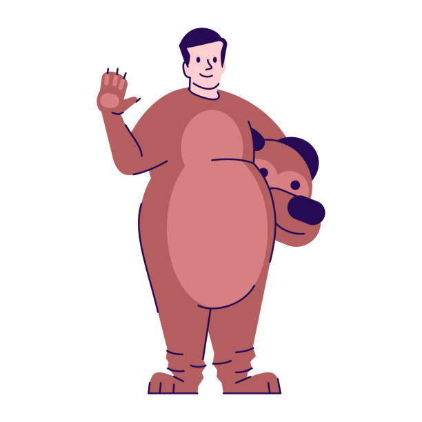 istock Person dressed in bear costume flat vector illustration. Man dressing like animal. Guy in Halloween party outfit cartoon character with outline elements isolated on white background 1219353771