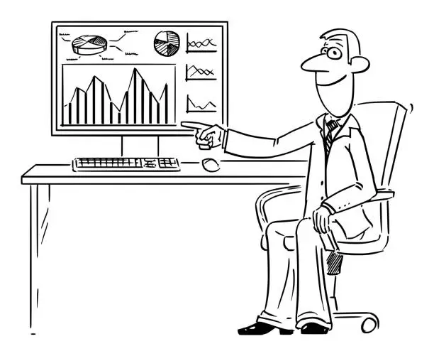 Vector illustration of Vector Comic Cartoon of Man or Businessman Working on Computer and Pointing at Financial Graph, Chart or Diagram on Screen or Display