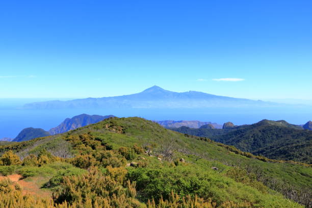 View over the national park Garajonay on La Gomera. In the background the island Tenerife with the Volcano Pico de Teide View over national park Garajonay on La Gomera. In the background the island Tenerife with the Volcano Pico de Teide laurel maryland stock pictures, royalty-free photos & images