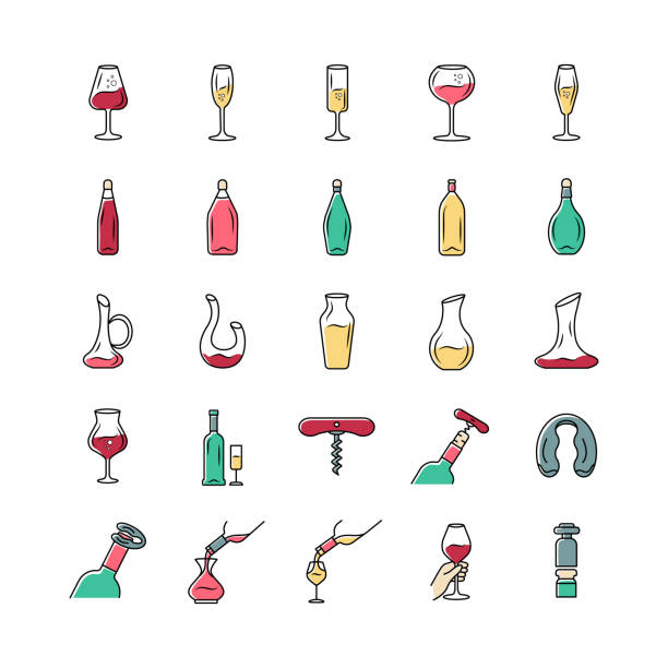 ilustrações, clipart, desenhos animados e ícones de ícones de vinho e taças de vinho definidos. diferentes tipos de vidros e bebidas alcoólicas. decantadores, garrafas, ferramentas de barman. aperitivo bebe, coquetéis. ilustrações vetoriais isoladas - decanter