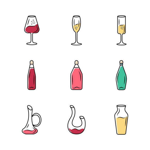 ilustraciones, imágenes clip art, dibujos animados e iconos de stock de conjunto de iconos de cristalería de bodega. diferentes tipos de vino. decantadores, botellas, vasos. bebidas de aperitivo, cócteles, bebidas alcohólicas. fiesta, bar, vajilla de restaurante. ilustraciones vectoriales aisladas - wine red wine pouring wineglass