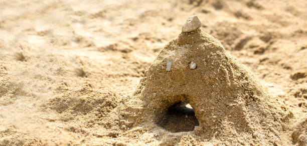 una montaña hecha de la arena con la cara hecha por los niños en caja de arena en un patio de recreo. - sandy brown fotos fotografías e imágenes de stock