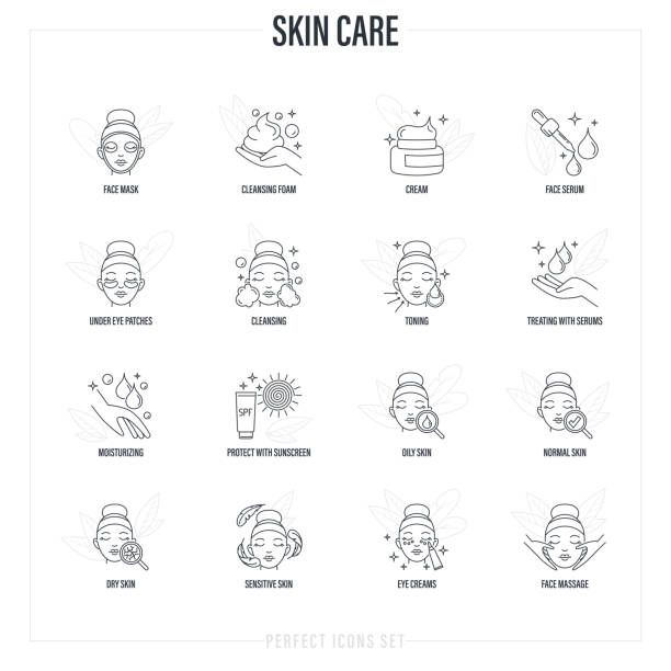 Skin care: facial mask, cleansing foam, face serum, moisturizer, under eye patches, toning, skin treatment, spf, facial massage. Thin line icons set. Vector illustration. vector art illustration