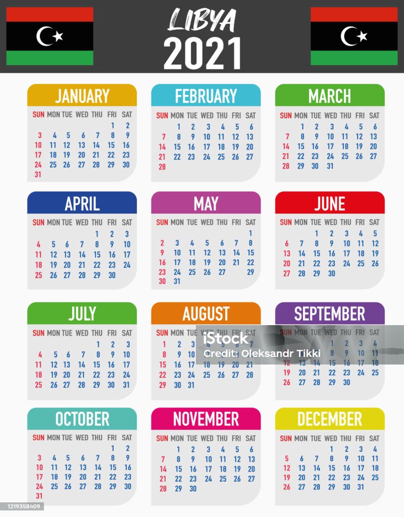 Libya Calendar With National Country Flag Month Day And Week Colorful