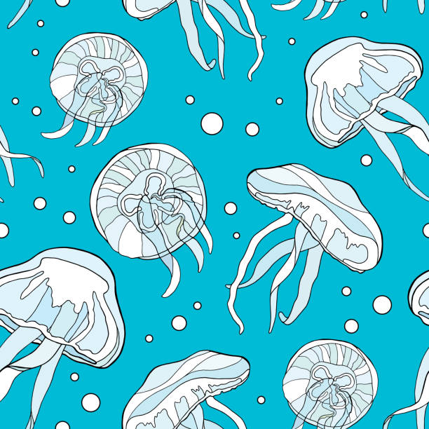 ilustrações de stock, clip art, desenhos animados e ícones de colorful jellyfish seamless pattern. hand drawn vector illustration of uderwater inhabitants on blue water background. medusa with bubbles design for card, print, decoration, package, banner, posters. - moon jellyfish jellyfish sea sea life