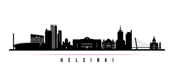 helsinki skyline horizontale banner. schwarz-weiße silhouette von helsinki, finnland. vektorvorlage für ihr design. - helsinki stock-grafiken, -clipart, -cartoons und -symbole