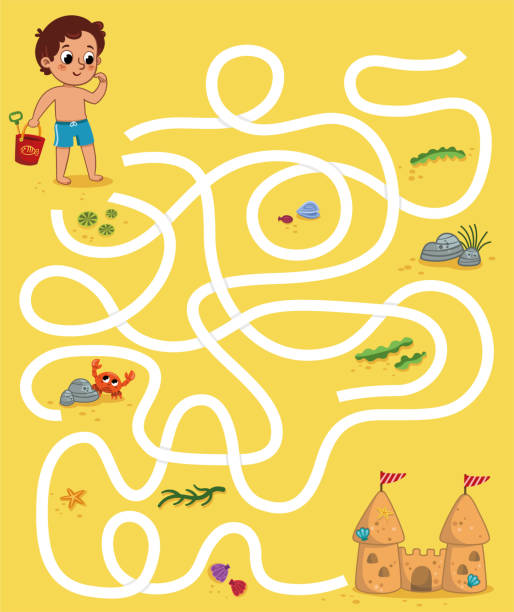 pädagogische labyrinth puzzle-spiel für kinder in strand-thema. vektor-illustration. - labyrinth stock-grafiken, -clipart, -cartoons und -symbole