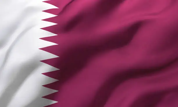 Flag of Qatar blowing in the wind. Full page Qatari flying flag. 3D illustration.