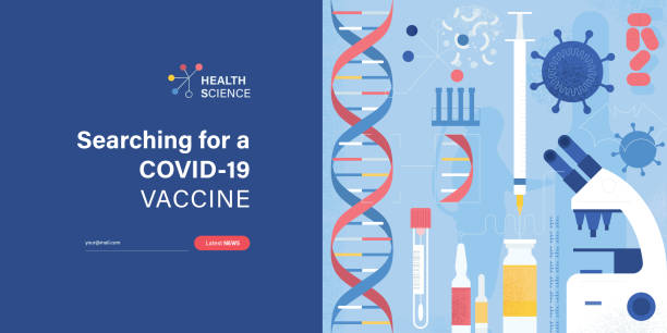 Searching For Vaccine COVID-19 Banner Modern flat website banner template with illustration and copy space text depicting COVID-19 vaccine development concept. Illustration is containing handmade grain effect and showing epidemiology lab elements and other elements related with virus. genetic testing stock illustrations