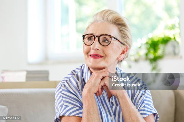 Portrait Of Beautiful Elderly Lady At Home Stock Photo - Download Image Now - Active Seniors, Adult, Adults Only