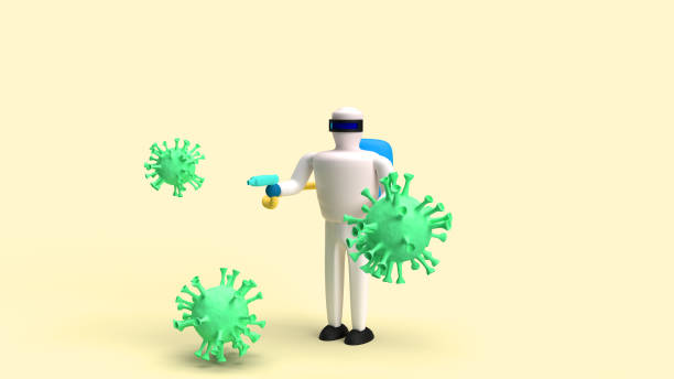 istock man hazmat suit and virus 3d rendering for medical content. 1219364665