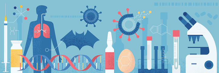 Modern flat vector illustration depicting COVID-19 concept. Illustration is containing handmade grain effect and showing epidemiology lab elements and a lot of other elements depicting virus specifics and process of making the vaccine or drug.