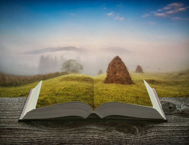 istock Mountain valley with haystacks on the pages of an open magical book 1219366863
