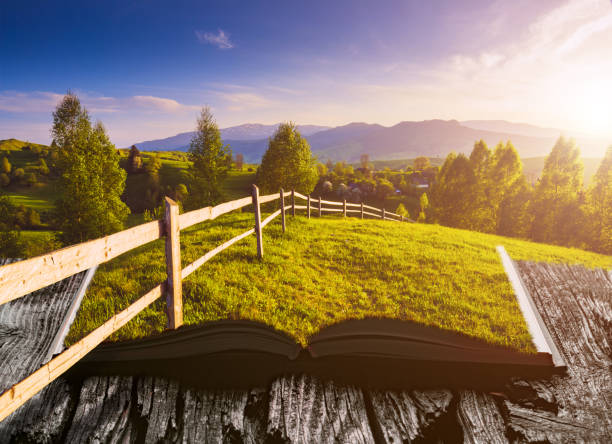 valle primaverile di montagna ricoperta di erba verde fresca sulle pagine di un libro magico aperto - school farm foto e immagini stock