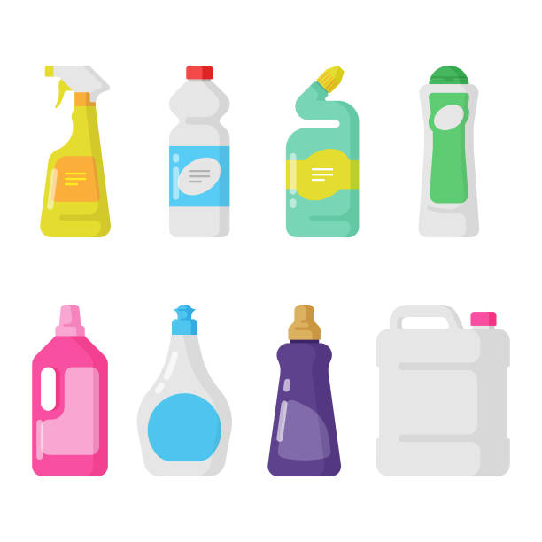 ilustraciones, imágenes clip art, dibujos animados e iconos de stock de conjunto de iconos de productos de limpieza e higiene. botellas de plástico diseño plano. - chemical merchandise cleaning product domestic life