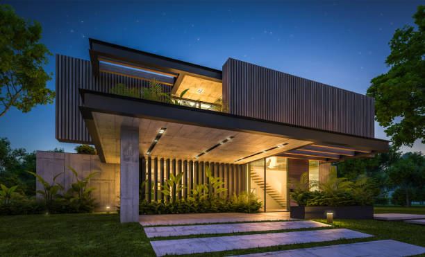 3d rendering of modern house with wood plank facade in night 3d rendering of modern cozy house with parking and pool for sale or rent with wood plank facade and beautiful landscaping on background. Clear summer night with many stars on the sky. luxury villa stock pictures, royalty-free photos & images