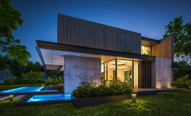 istock 3d rendering of modern house with wood plank facade in night 1219368364