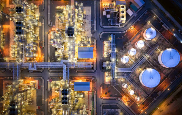 Aerial view of Oil refinery plant Large oil refinery industrial estates. Fuel refinery industry at night gasoline photos stock pictures, royalty-free photos & images
