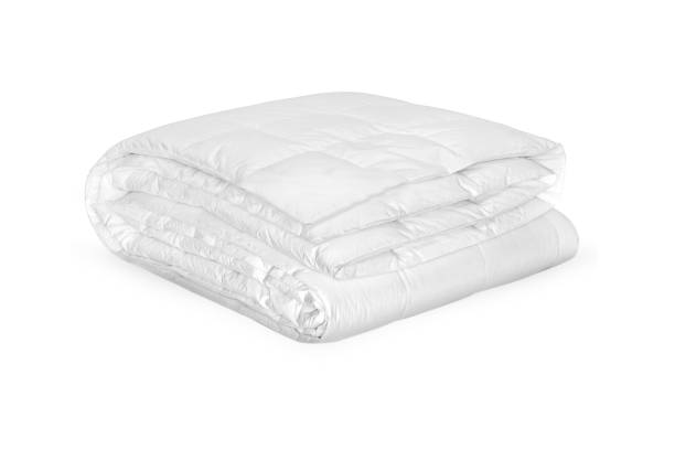 istock Folded soft white blanket, bedspread or duvet for a comfortable sleep. White blanket folded on a white background. Fabric structure. 3D blanket model. Comfortable sleep. Close up photo 1219370622